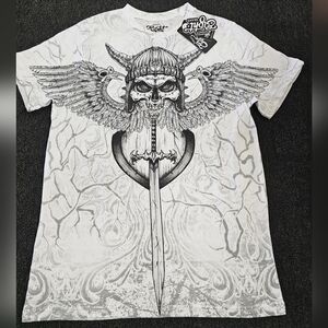 Eighty Eight Brand Men's M Winged Viking Skull Sword White All-Over Graphic Tee